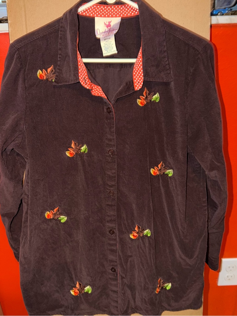Vintage Corduroy Embroidered Autumn Leaves Button-Up Shirt
